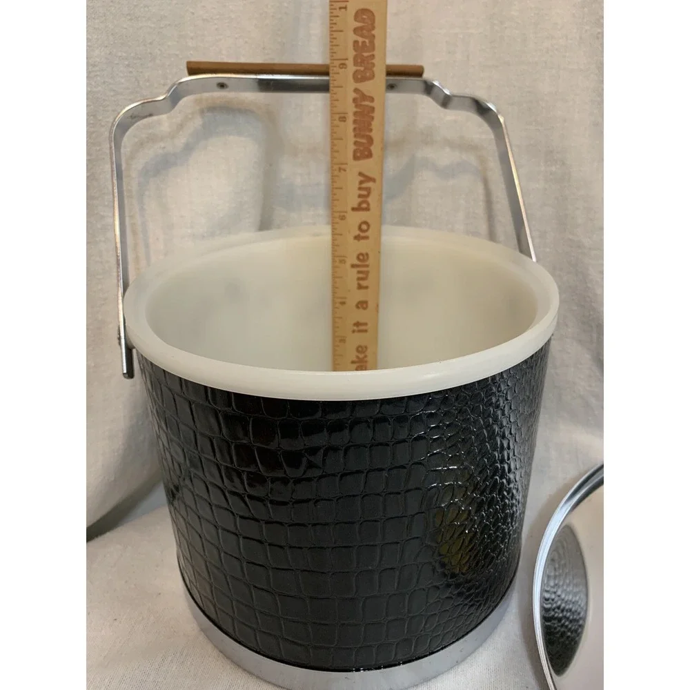 Atapco Ice Bucket Alligator Faux Black Leather Chrome Lid Wooden handle Vintage
